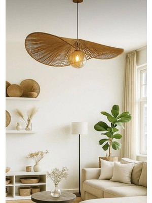 Burenze Modern Tasarım Hasır Avize Rattan Boheme Avize Sarkıt 40 cm Çap