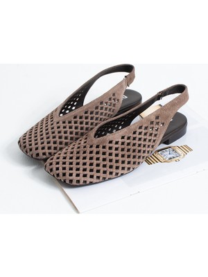 Duxal Shoes Flavia Hakiki Deri Lazer Kesim Örgü Desenli Slingback Kadın Sandalet Babet