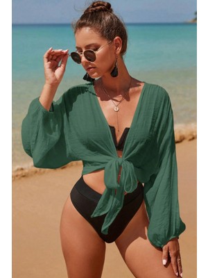 Cool Tarz Kadın Bağlamalı Plaj Üstü Kimono Crop Bluz