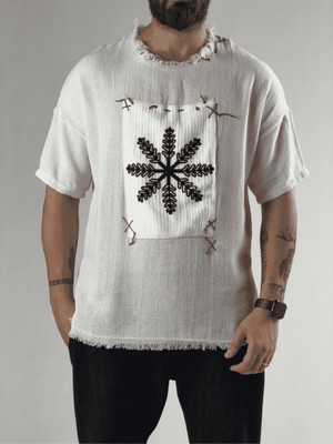 Cocopelli Tasarım Çiçek Desenli Erkek Beyaz T-Shirt COC3200