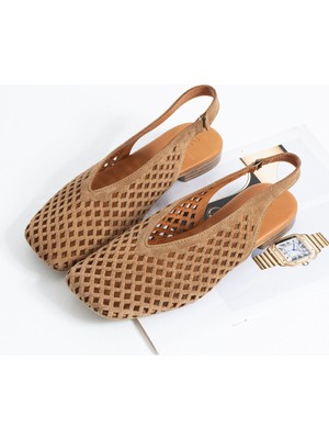 Duxal Shoes Flavia Hakiki Deri Lazer Kesim Örgü Desenli Slingback Kadın Sandalet Babet