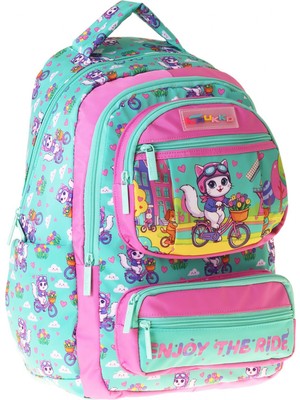 Kaukko Kids Kız Çocuk Bisikletli Kedi Baskılı (Cat Bike) Altı Bölmeli Ilkokul Sırt Çantası - L5328