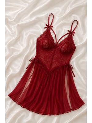 Çeyize Dair Herşey Kırmızı Dantel Detaylı Tül Babydoll Gecelik