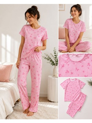 Çeyize Dair Herşey Pembe Fiyonk Desenli Kadın Pijama Takımı