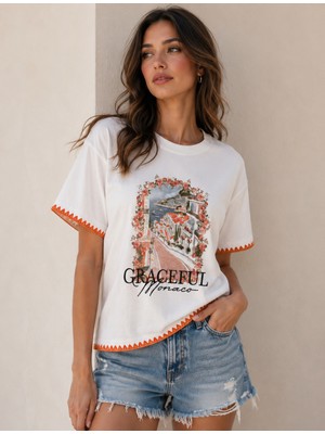 Belirtilmemiş Turuncu Nakış Detaylı Oversize T-Shirt