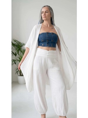 Byemelika %100 Pamuk, Bürümcük, Lastik Detay, Bohem Lidya Kaftan (Beyaz)