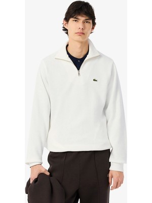 Lacoste Men's Classic Fit Neck Zip Sweatshirt Yarım Fermuarlı Yüksek Yaka Pamuklu Sweatshirt Beyaz