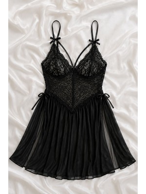 Çeyize Dair Herşey Siyah Dantel Detaylı Tül Babydoll Gecelik