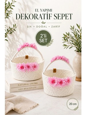 Naturelove 2'li Set - El Yapımı Hasır Sepet Çiçekli Dekoratif Organizer Banyo Çocuk Odası Düzenleyici 20 cm