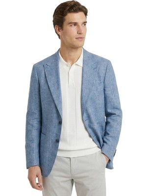 Kip Mavi Desenli Modern Fit Keten Karışımlı Ceket