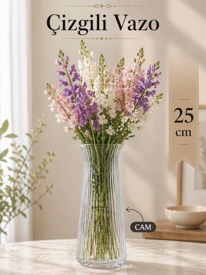 Naturelove Dekoratif Cam Vazo - Modern Çizgili Şeffaf Çok Amaçlı Karaf 25 cm
