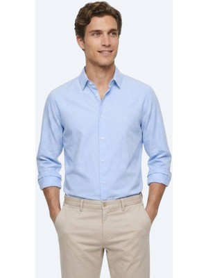 Kip Mavi Çizgili Regular Fit Uzun Dokuma Casual %100 Pamuk Gömlek