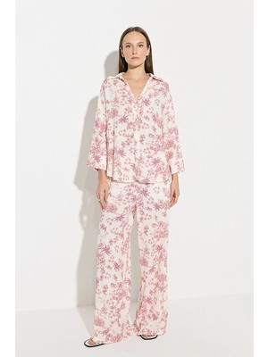 Gusto Desenli Rahat Kesim Keten Gömlek - Pembe
