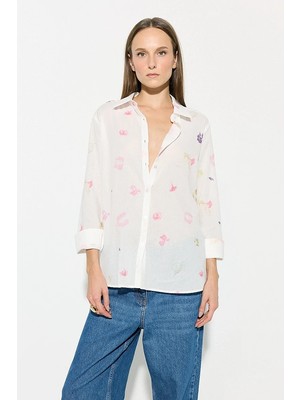 Gusto Iz Koleksiyonu Eco Print Pamuk Vual Gömlek - Beyaz