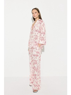Gusto Desenli Beli Lastikli Bol Paça Pantolon - Pembe
