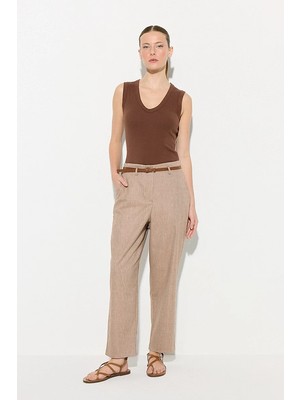 Gusto Beli Kemerli Koton Keten Sigaret Pantolon - Kahverengi