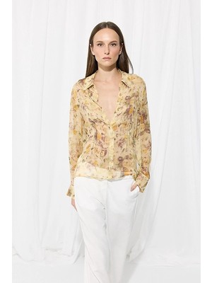 Gusto Iz Koleksiyon Eco Print Rayon Şifon Gömlek - Bej