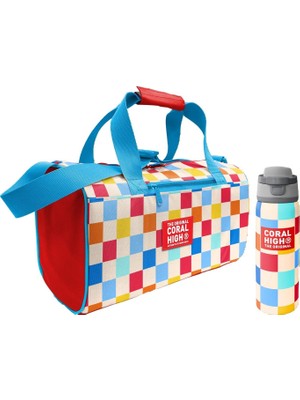 Coral High Kırmızı Çok Renkli Dama Desenli Kız Çocuk Spor Çantası ve 800 ml Çelik Matara Seti 27546