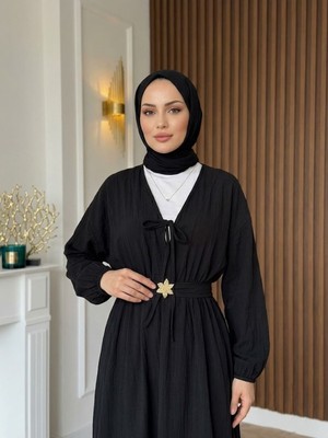 Miostil Kuşak Aksesuar Detay Bağlamalı Elbise-Siyah