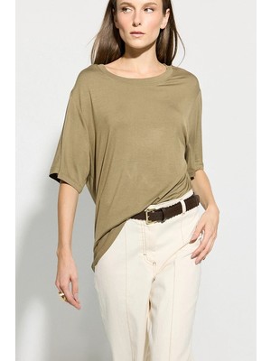 Gusto Bisiklet Yaka Rahat Kesim Bambu Tshirt - Haki