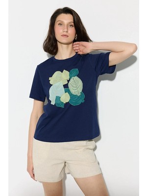 Gusto Yaprak Desenli Pamuk T-Shirt - Lacivert