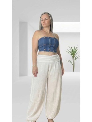 Byemelika %100 Pamuk, Bürümcük, Paça Lastik Detay Bohem Pantolon (Beyaz)