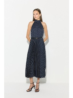 Gusto Halter Yaka Pilise Midi Elbise - Lacivert