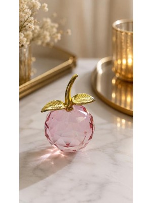 Pembe Kristal Cam Elma Biblo 10.5 cm Dekoratif Masa Üstü Obje Gold Yapraklı Lüks Ofis Salon Aksesuarı