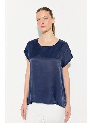 Gusto Yuvarlak Yaka Önü Saten Tshirt - Lacivert