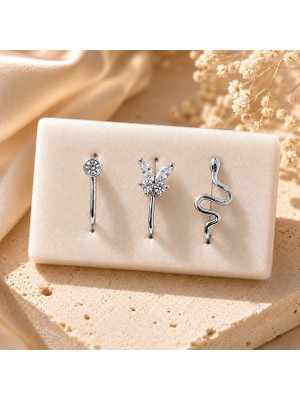 Wish&Moon Kadın Kalın Gümüş, Zirkon Taşlı, Yılan, Kelebek 4 'lü Kıkırdak Küpe Seti