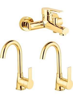 Viosa Gold Altın Mutfak Lavabo Banyo 3'lü Batarya Musluk Seti 5 Yıl Garantili