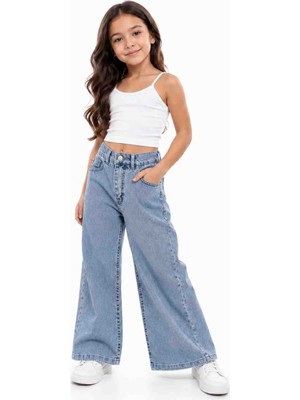 Babido Kız Çocuk Bol Paça Jean Pantolon Wide Leg %100 Pamuklu Rahat Kesim Günlük Denim Pantolon Açık Mavi