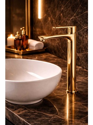 Viosa Gold Altın Renk Kaplamalı Çanak Lavabo Bataryası Yüksek Banyo Lavabo Bataryası