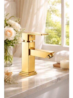 Viosa Lüks Altın Lavabo Bataryası – Pirinç Gövde Aç Kapa Musluk | Modern Kare Tasarım Banyo Batarya