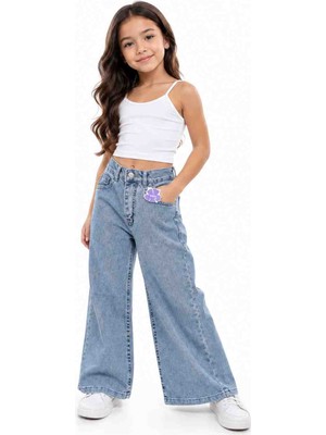 Babido Kız Çocuk Bol Paça Jean Pantolon Wide Leg %100 Pamuklu Rahat Kesim Günlük Denim Pantolon Açık Mavi