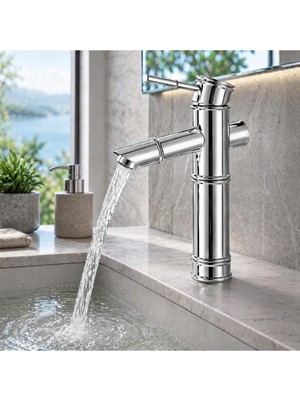 Viosa Lüx Premium Krom Bambu Çanak Lavabo Bataryası Çanak Lavabo Uyumlu Parlak Gri Batarya