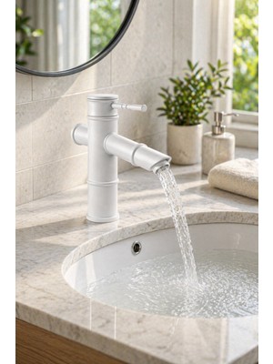 Viosa Premium Bambu Beyaz Banyo Lavabo Bataryası Çeşmesi Musluğu Modern Musluk