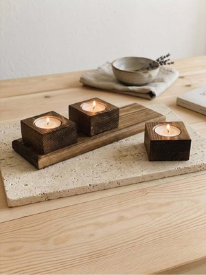 Doku Ahşap Ahşap Kare Mumluk Seti 3’lü Tealight Uyumlu Dekoratif Doğal Ahşap Mumluk ve Stand Seti