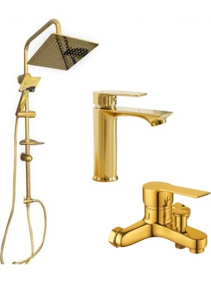 Viosa Kare Model Gold Yağmurlama Tepe Duş Seti Banyo Lavabo Bataryası 3'lü Set