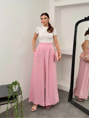 Hatun Atila Pileli Arka Beli Lastikli Geniş Paça Filamlı Keten Palazzo Pantolon 8980 - Pembe