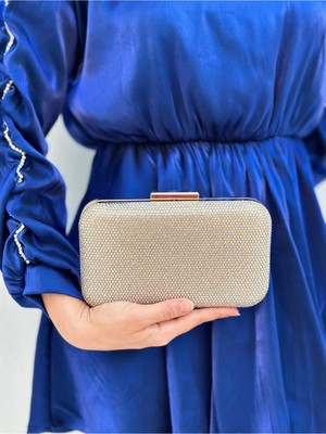 She Poly Kadın Altın Taşlı Abiye Clutch Portföy El Gece Düğün Çantası