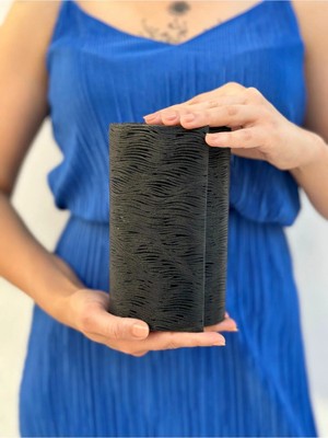 She Poly Kadın Dalgalı Siyah  Abiye Clutch Portföy Zincir Askılı El Düğün Nişan Gece Omuz Çantası