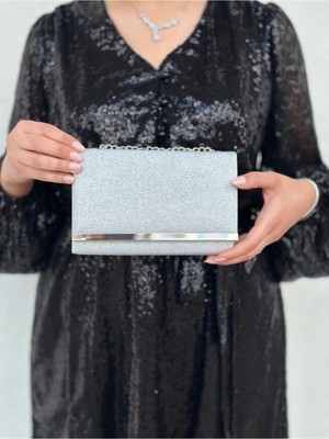 She Poly Kum Sim Gümüş Abiye  Clutch Portföy Çanta