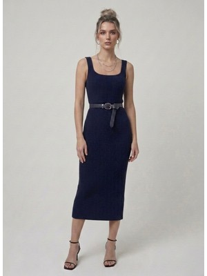 Neden Tekstil Premium Fit Kare Yaka Fitilli Triko Midi Elbise
