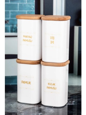 Nyl Home 4'lü Ahşap Kapaklı Beyaz Kulak Pamuğu, Pamuk, Makyaj Pamuğu, Diş Ipi Kavanozu Akrilik