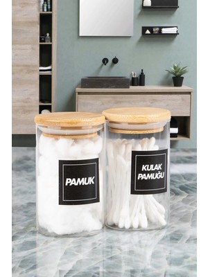 Nyl Home 2'li Bambu Vakumlu Kapaklı Kulak Pamuğu ve Pamuk Kavanozu Pamukluk Seti 250 ml