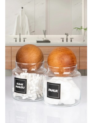 Nyl Home 2'li Ahşap Top Kapaklı Kulak Pamuğu ve Pamuk Kavanozu Cam 500 ml
