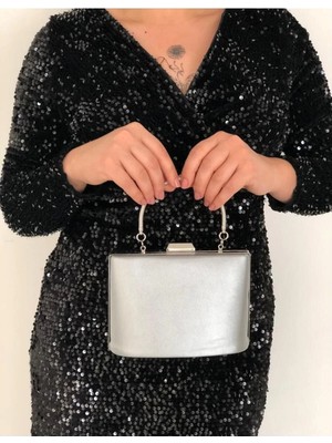 She Poly Abiye Çanta Clutch Portföy Askılı Omuz ve El Çantası Kumaş Gümüş 2023