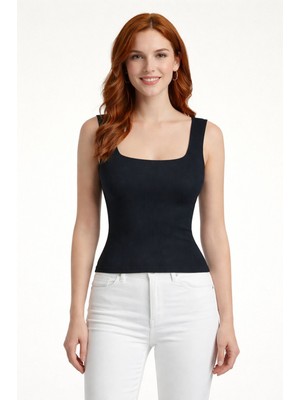 Neden Tekstil Lacivert Kare Yaka Kalın Askılı Crop Top Bluz
