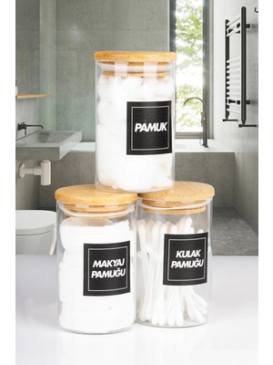Nyl Home 3'lü Bambu Vakumlu Kapaklı Kulak Pamuğu Makyaj Pamuğu ve Pamuk Kavanozu Borosilikat Cam 250 ml